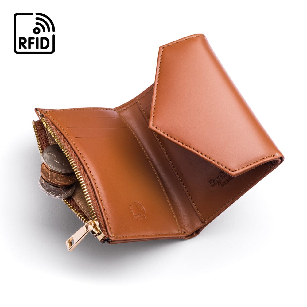 RFID blocking leather envelope purse, tan, open view
