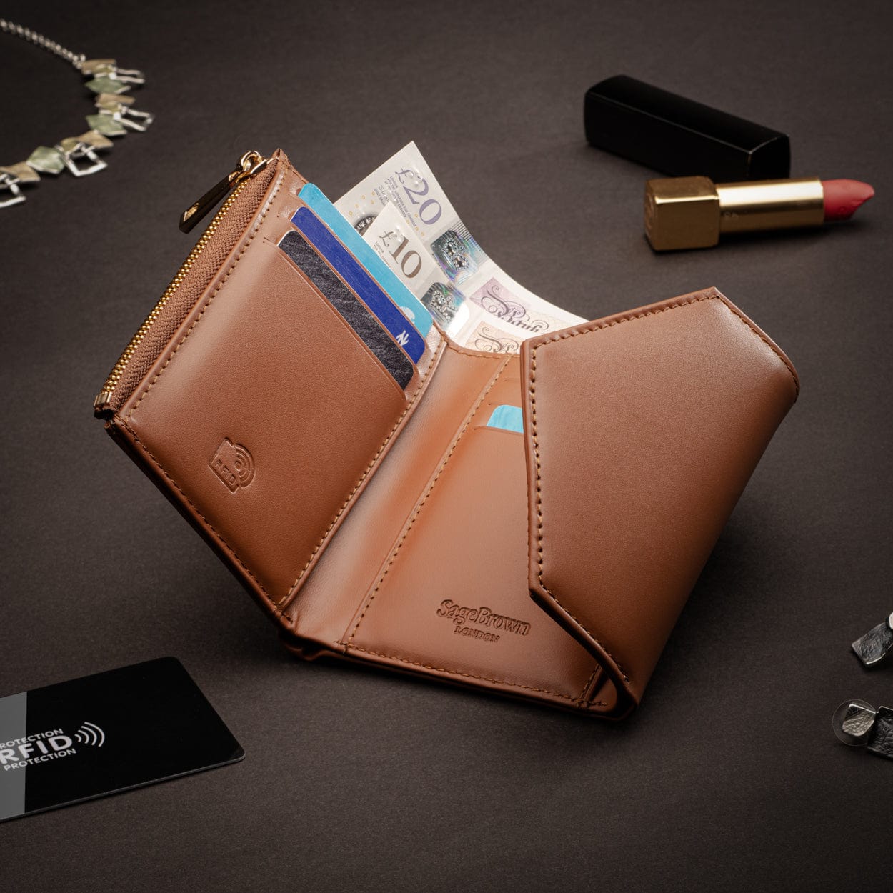 RFID blocking leather envelope purse, tan, lifestyle
