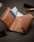 RFID blocking leather envelope purse, tan, lifestyle