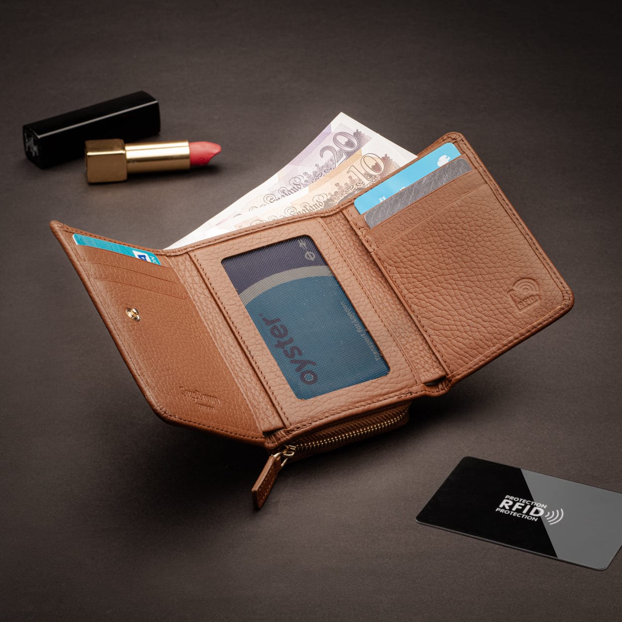 RFID blocking leather tri-fold purse, tan, lifestyle