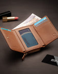 RFID blocking leather tri-fold purse, tan, lifestyle