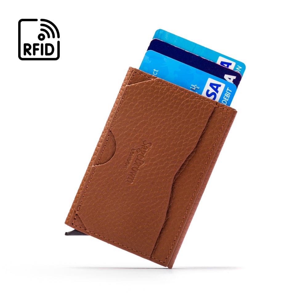 RFID pop-up credit card case, tan, back view