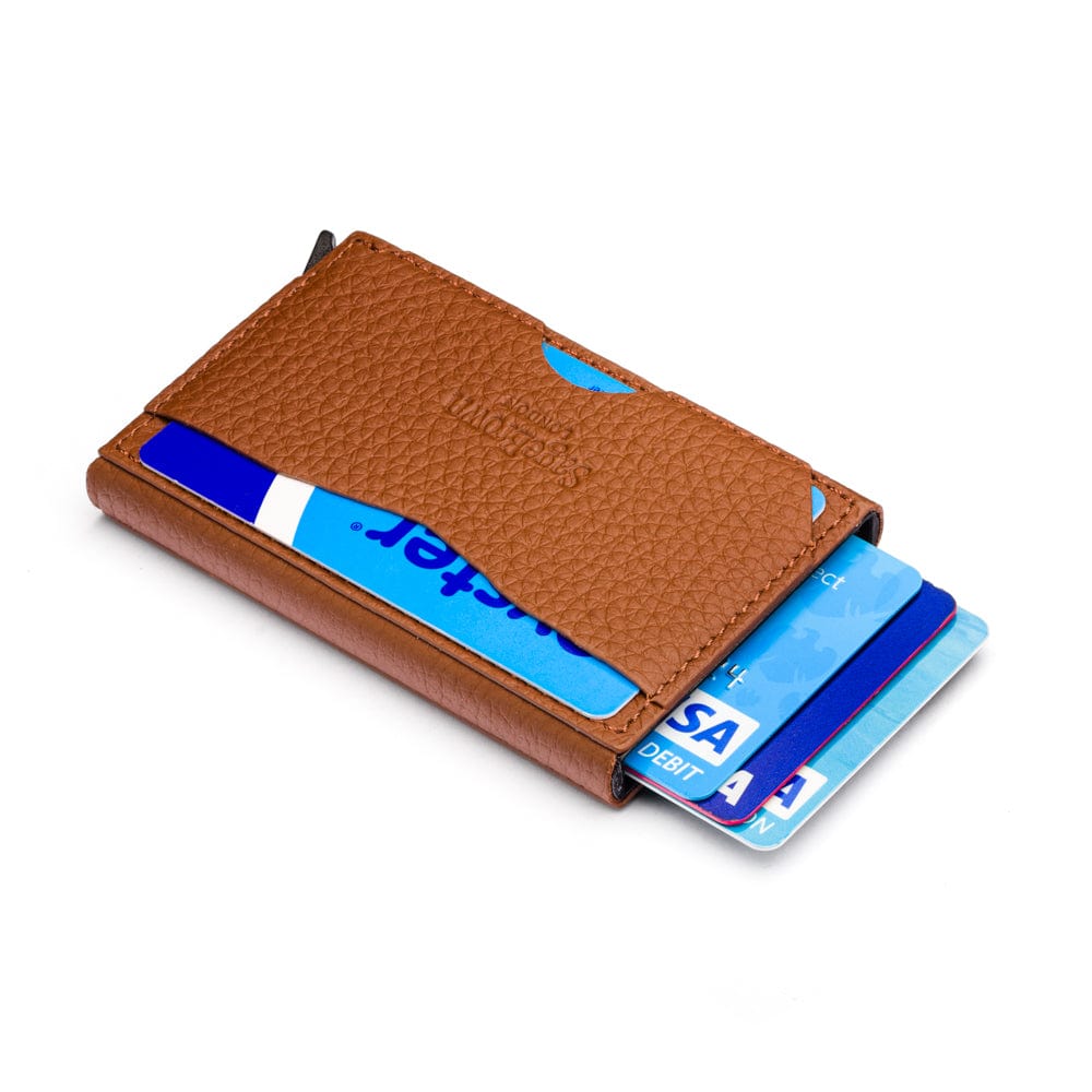 RFID pop-up credit card case, tan, side view