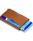 RFID pop-up credit card case, tan, side view