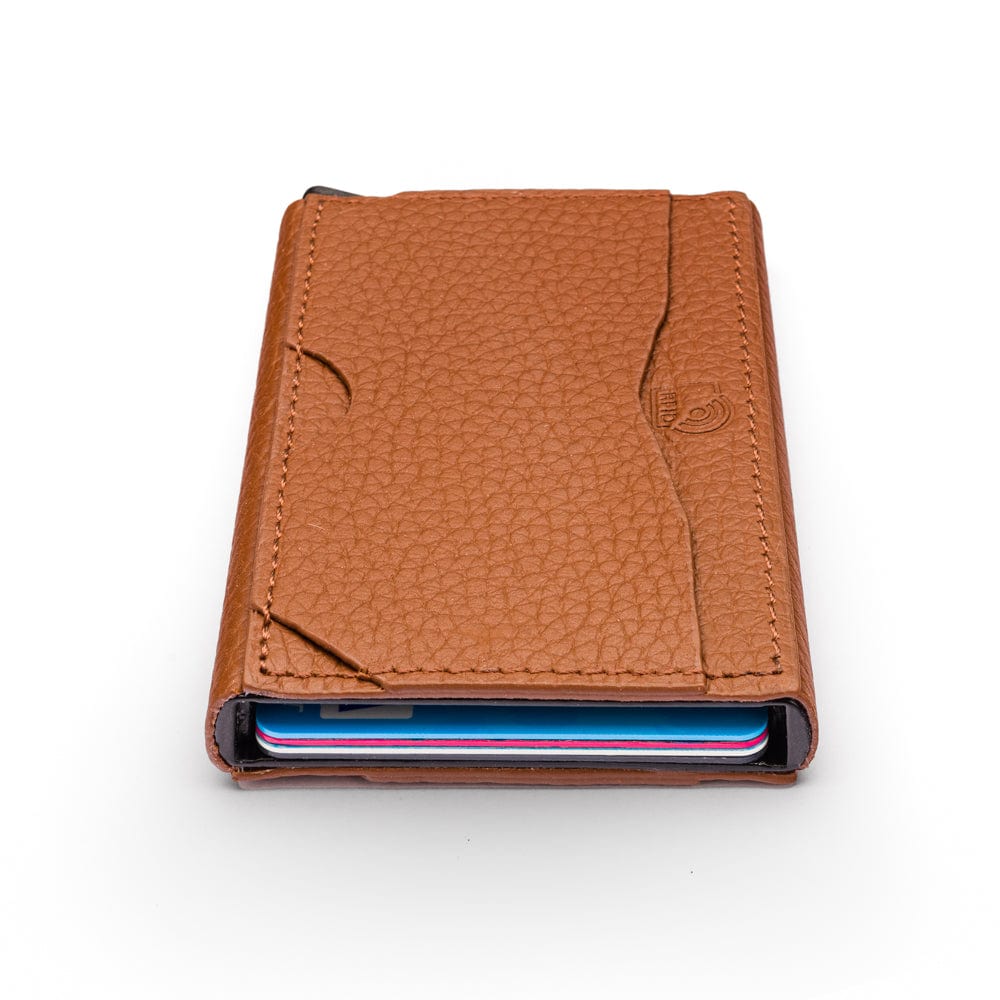 RFID pop-up credit card case, tan, top view