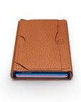 RFID pop-up credit card case, tan, top view