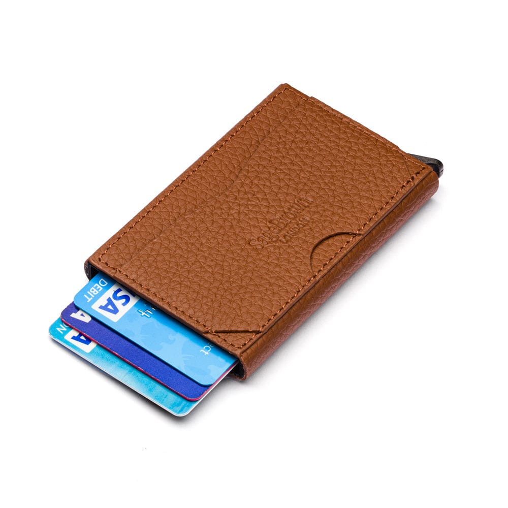 RFID pop-up credit card case, tan, rear view