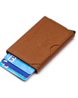 RFID pop-up credit card case, tan, rear view