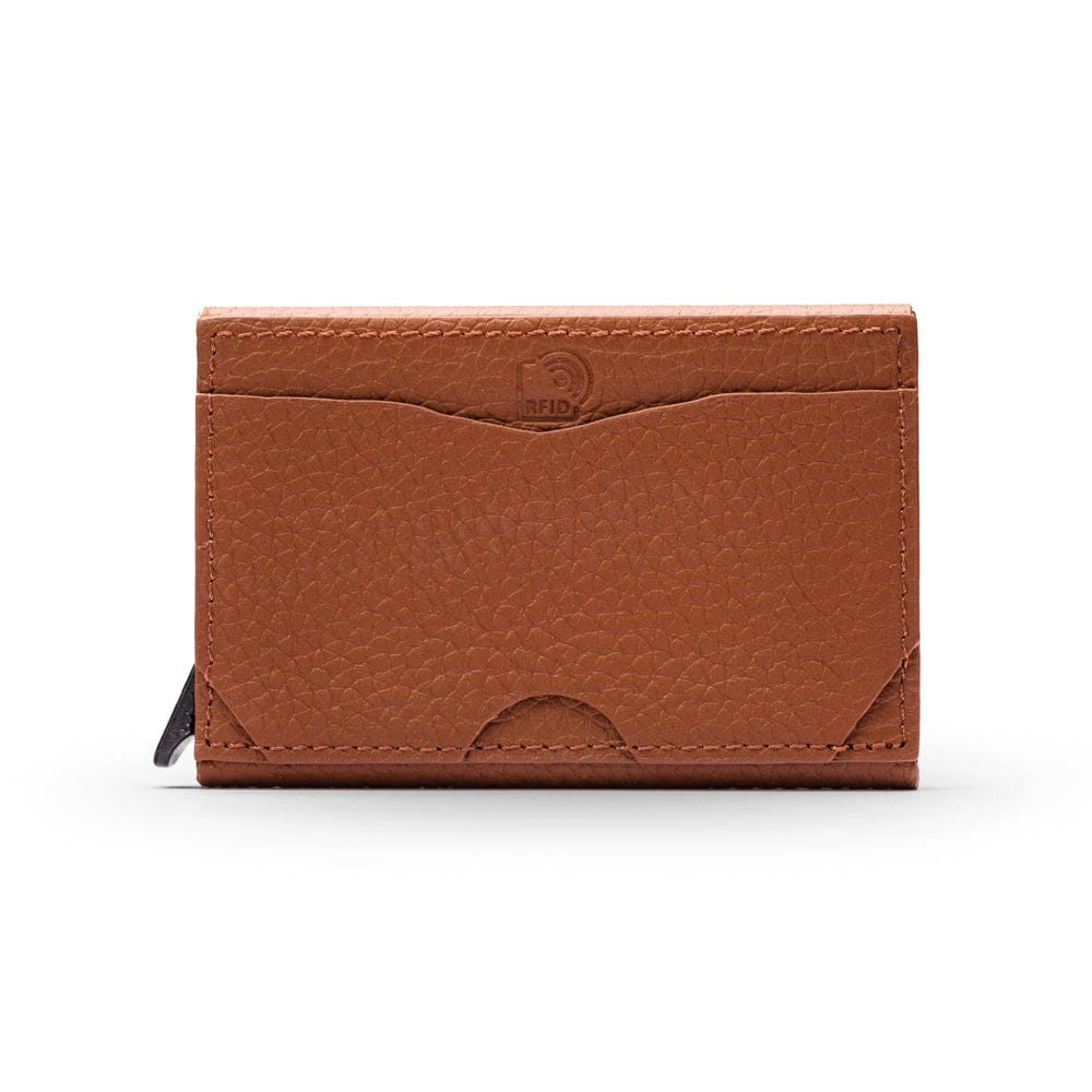 RFID pop-up credit card case, tan, front view