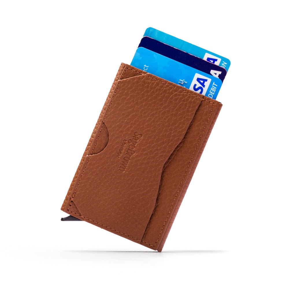 RFID pop-up credit card case, tan, reverse view
