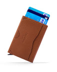 RFID pop-up credit card case, tan, reverse view