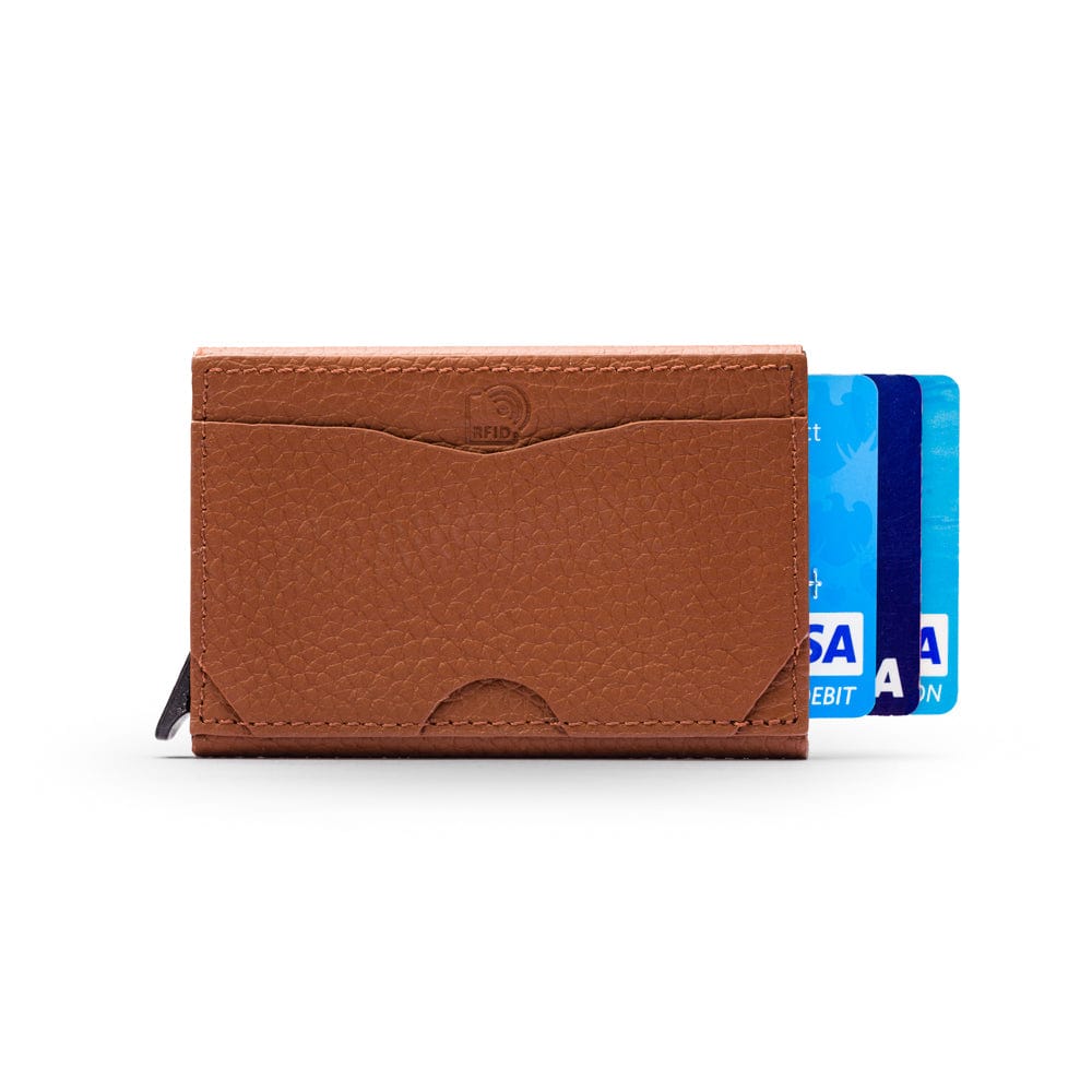 RFID pop-up credit card case, tan, front view