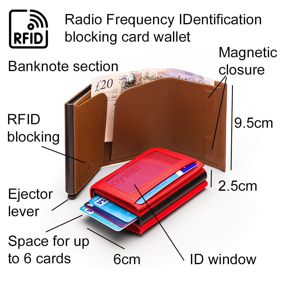 RFID wallet with pop-up credit card case, tan, features