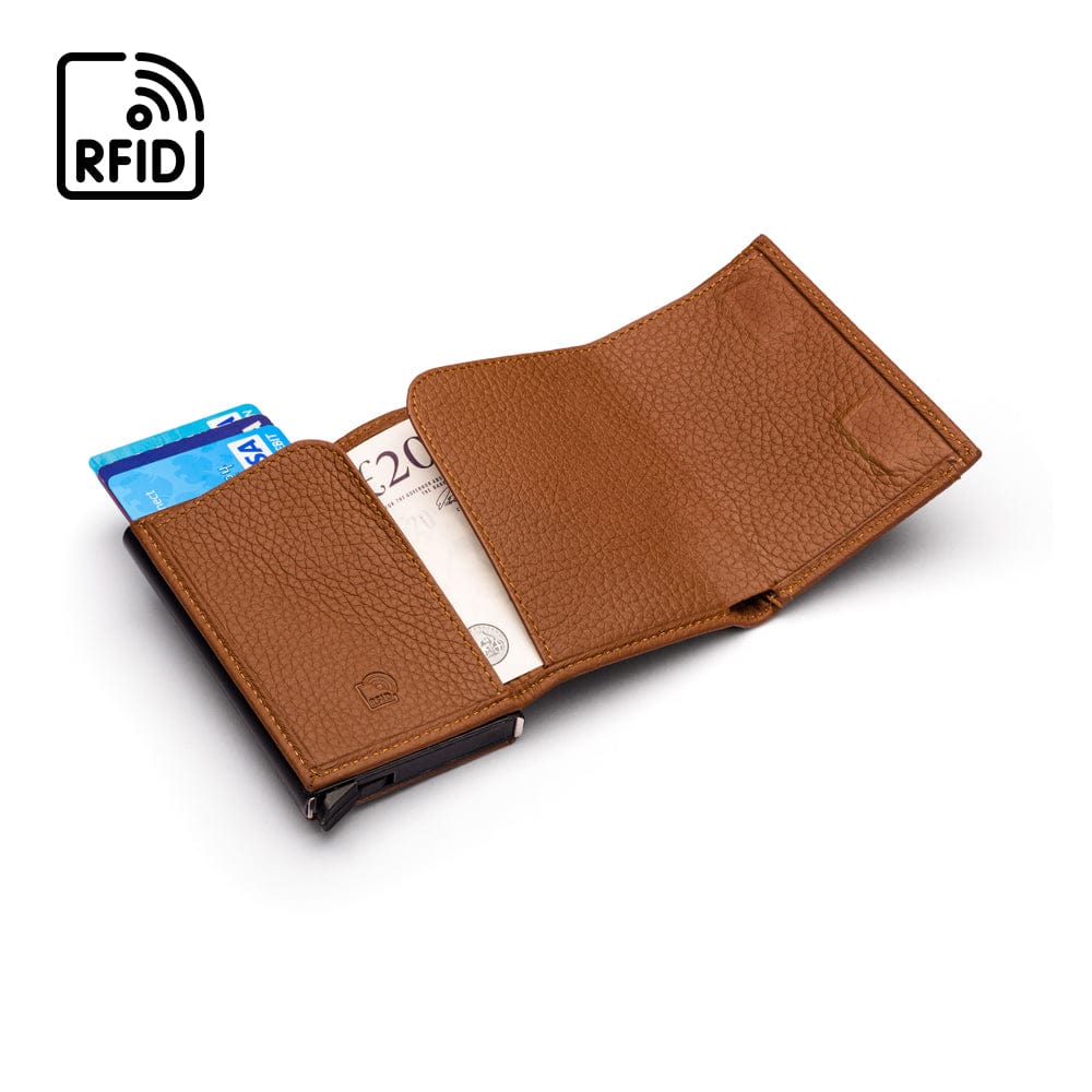 RFID wallet with pop-up credit card case, tan, inside view