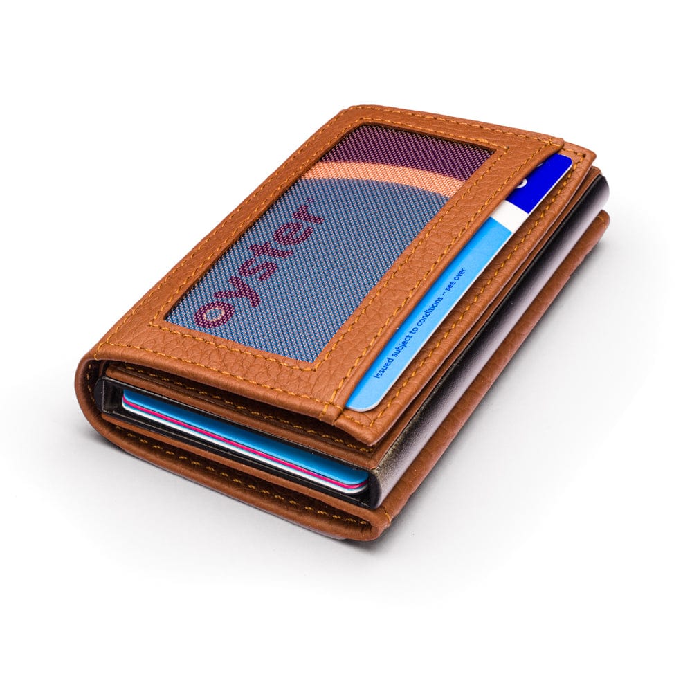 RFID wallet with pop-up credit card case, tan, front view