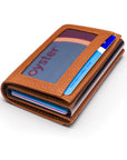 RFID wallet with pop-up credit card case, tan, front view