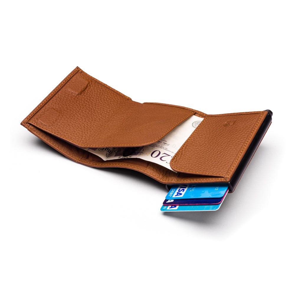 RFID wallet with pop-up credit card case, tan, open view