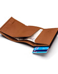 RFID wallet with pop-up credit card case, tan, open view