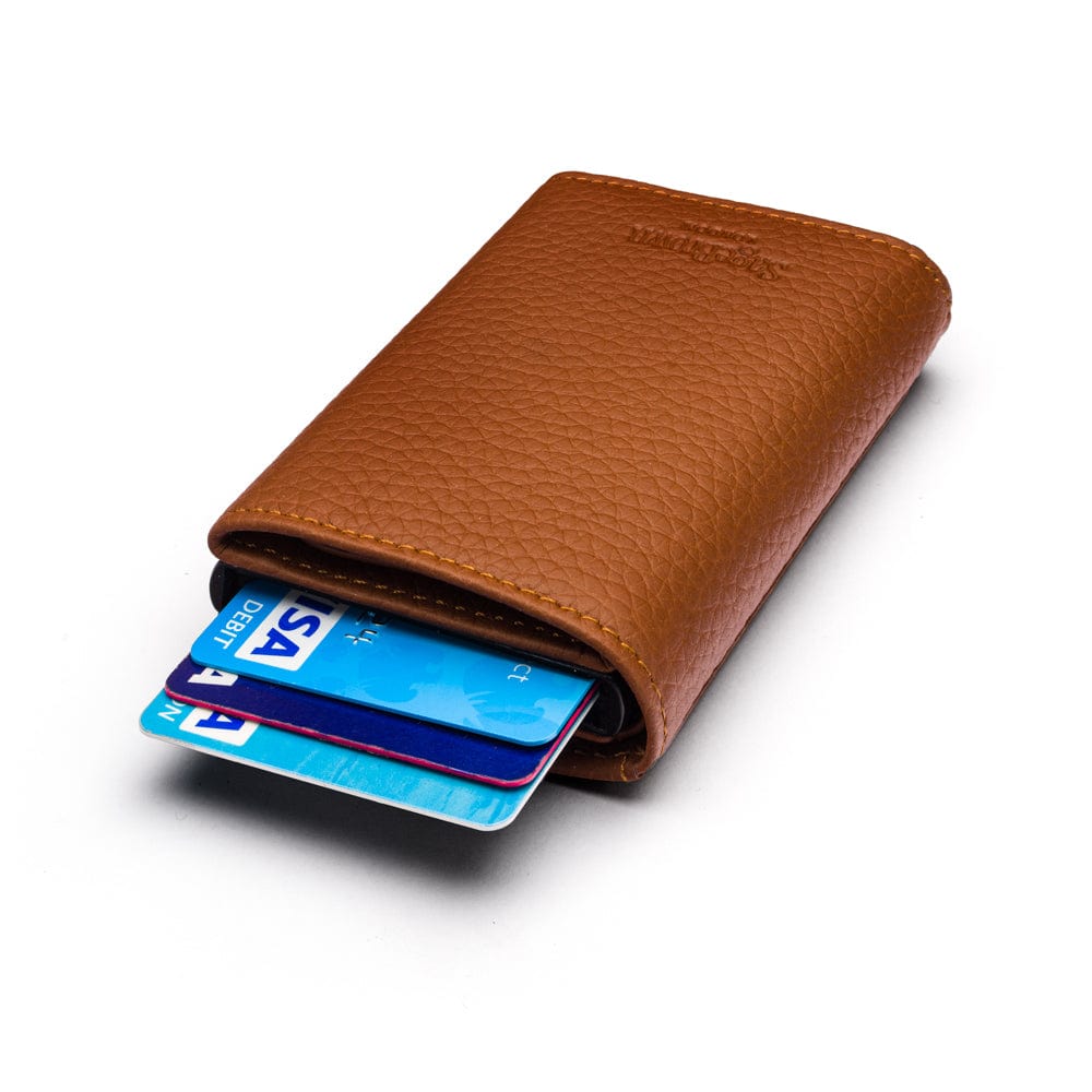 RFID wallet with pop-up credit card case, tan, back view