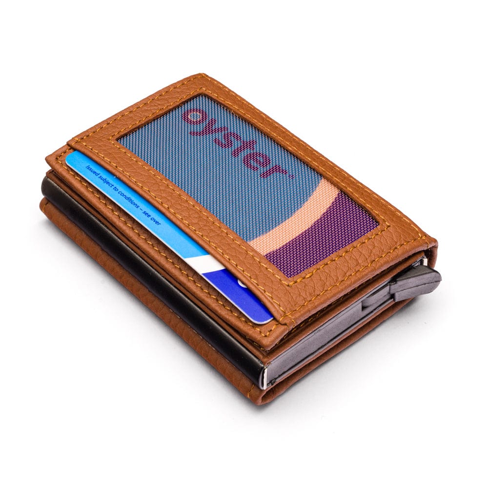 RFID wallet with pop-up credit card case, tan, base view