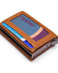 RFID wallet with pop-up credit card case, tan, base view