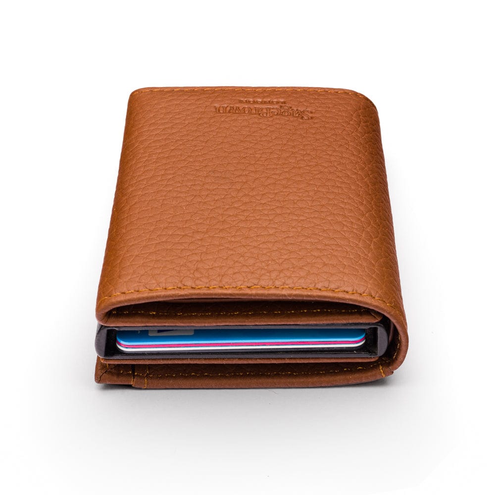 RFID wallet with pop-up credit card case, tan, top view