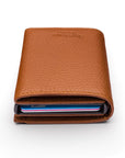 RFID wallet with pop-up credit card case, tan, top view