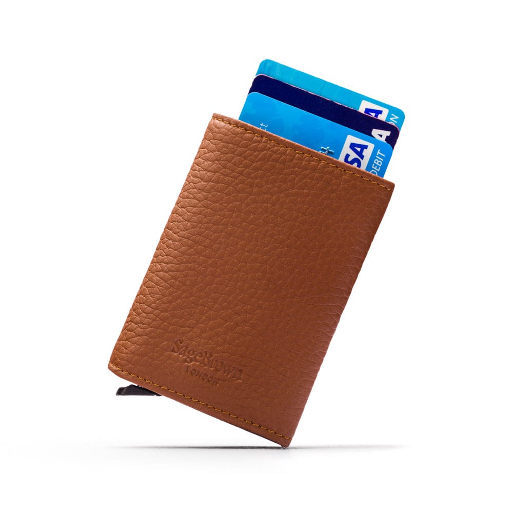 RFID wallet with pop-up credit card case, tan, rear view