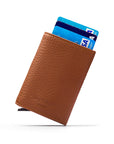 RFID wallet with pop-up credit card case, tan, rear view