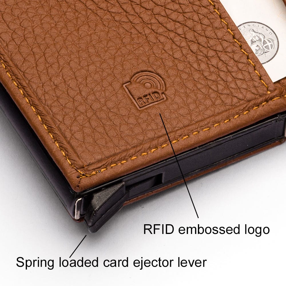 RFID wallet with pop-up credit card case, tan, close up view