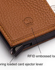 RFID wallet with pop-up credit card case, tan, close up view