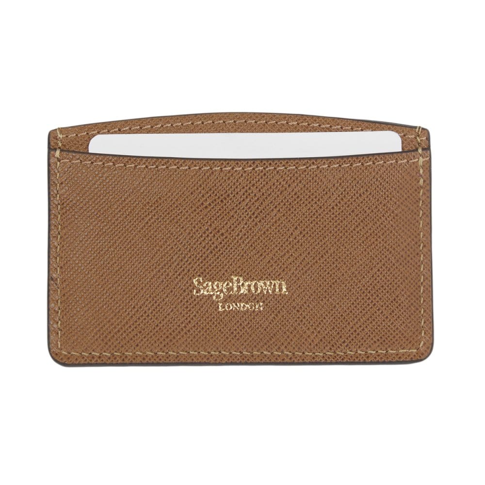 Tan Saffiano Flat Leather Credit Card Case With RFID Blocking Lining