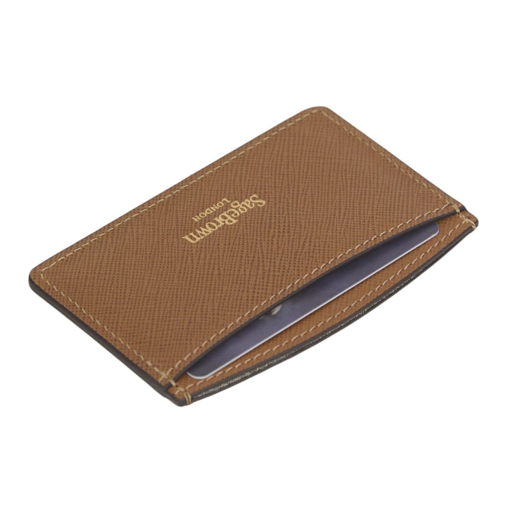 Tan Saffiano Flat Leather Credit Card Case With RFID Blocking Lining