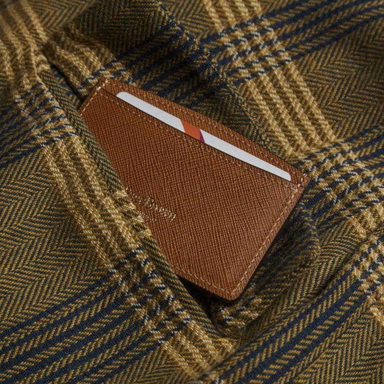 Tan Saffiano Flat Leather Credit Card Case With RFID Blocking Lining