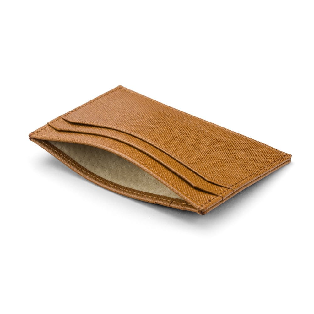 Flat leather credit card holder with middle pocket, 5 CC slots, tan saffiano, inside