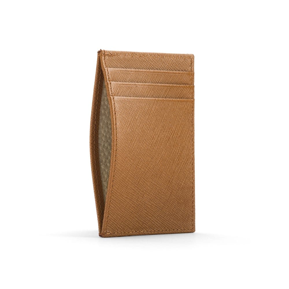 Flat leather credit card holder with middle pocket, 5 CC slots, tan saffiano, front