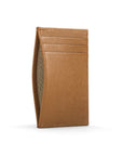 Flat leather credit card holder with middle pocket, 5 CC slots, tan saffiano, front