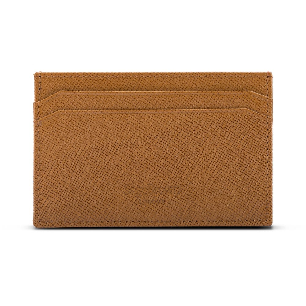 Flat leather credit card holder with middle pocket, 5 CC slots, tan saffiano, back
