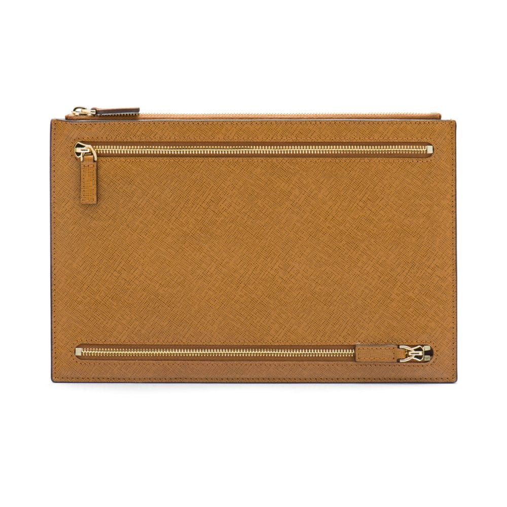 Leather travel document and currency case, tan, front