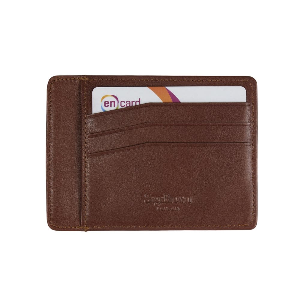 Flat leather credit card holder, tan, back view