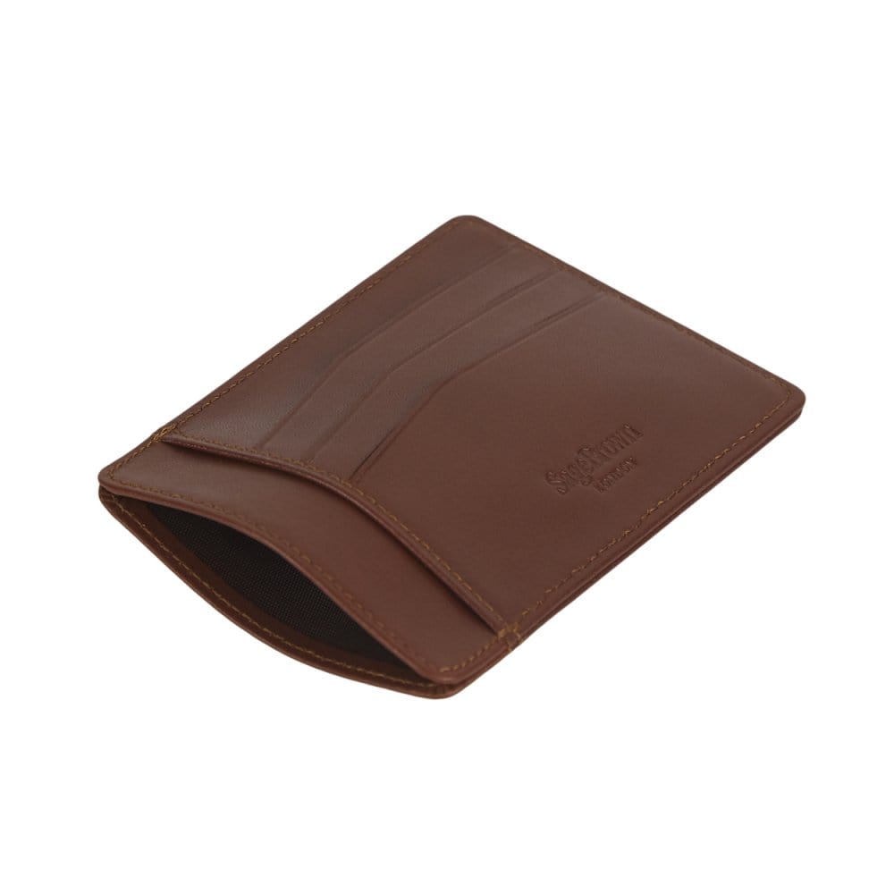 Flat leather credit card holder, tan, open