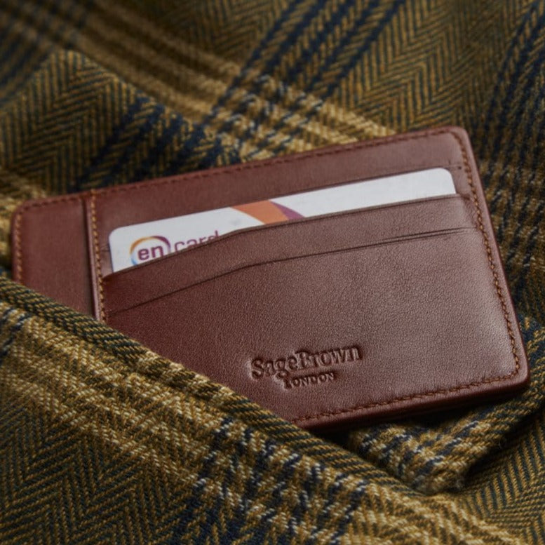 Flat leather credit card holder, tan, lifestyle