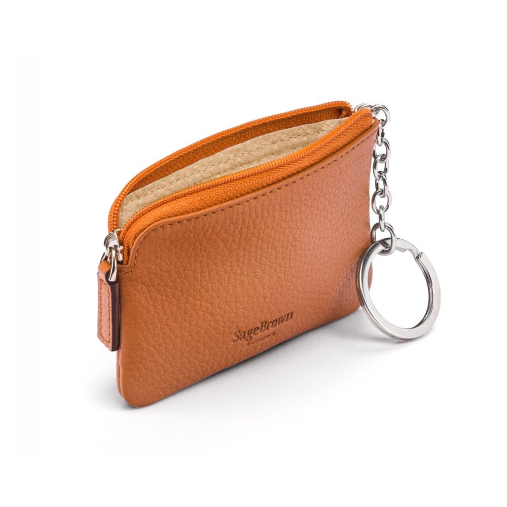 Tan Small Leather Zip Coin Purse With Key Chain