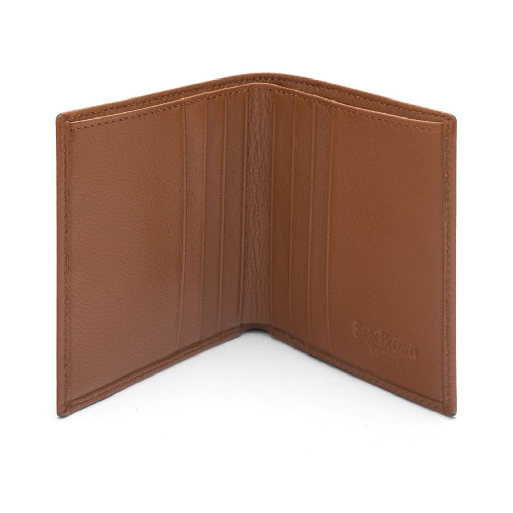 Leather compact billfold wallet 6CC, tan, open