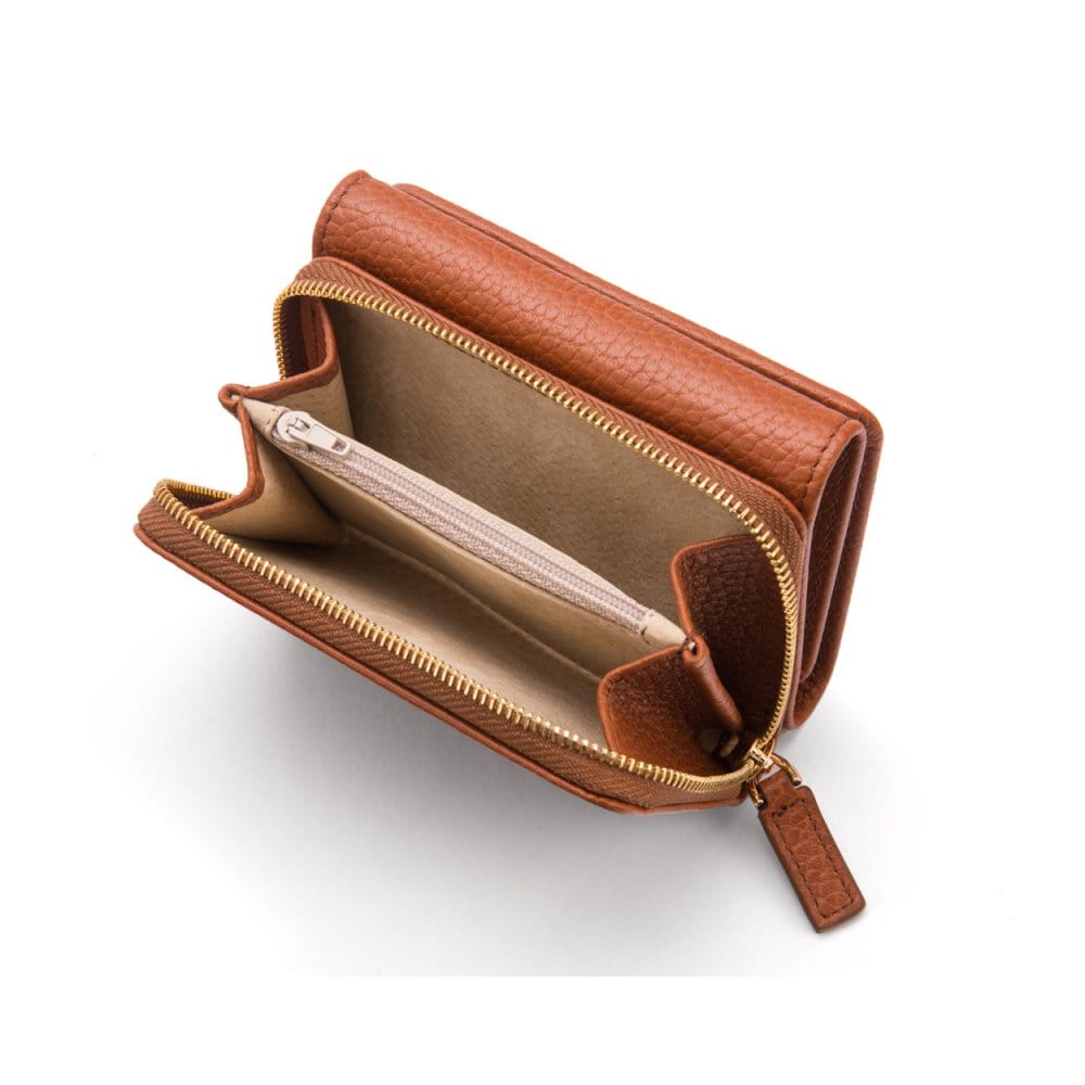RFID blocking leather tri-fold purse, tan, open