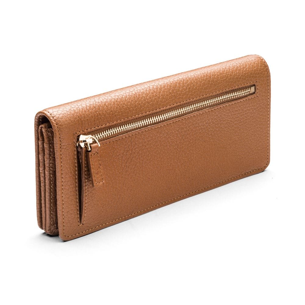 Tall leather Trinity purse, tan, back