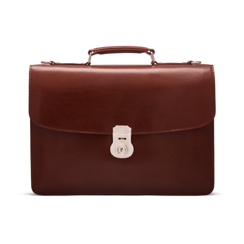 Leather briefcase with silver brass lock, Harvard vintage look, tan, front