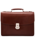 Leather briefcase with silver brass lock, Harvard vintage look, tan, front