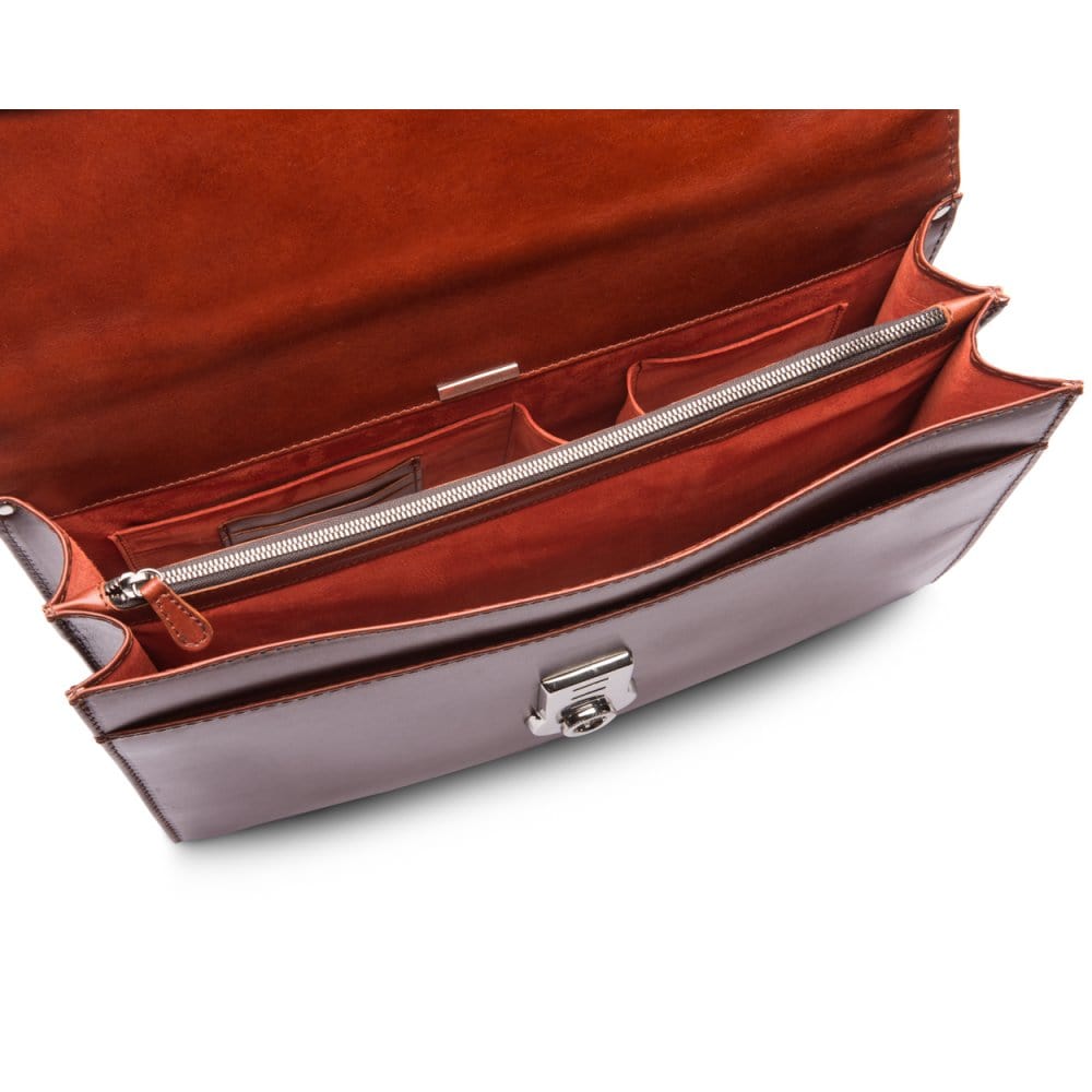 Leather briefcase with silver brass lock, Harvard vintage look, tan, inside