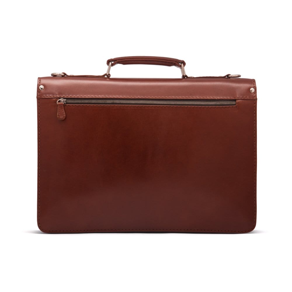 Leather briefcase with silver brass lock, Harvard vintage look, tan, back